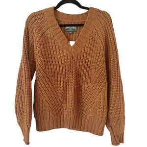NWT American Eagle Brown Chunky Knit V Neck Pullover Sweater Sz XS Neutral Earth